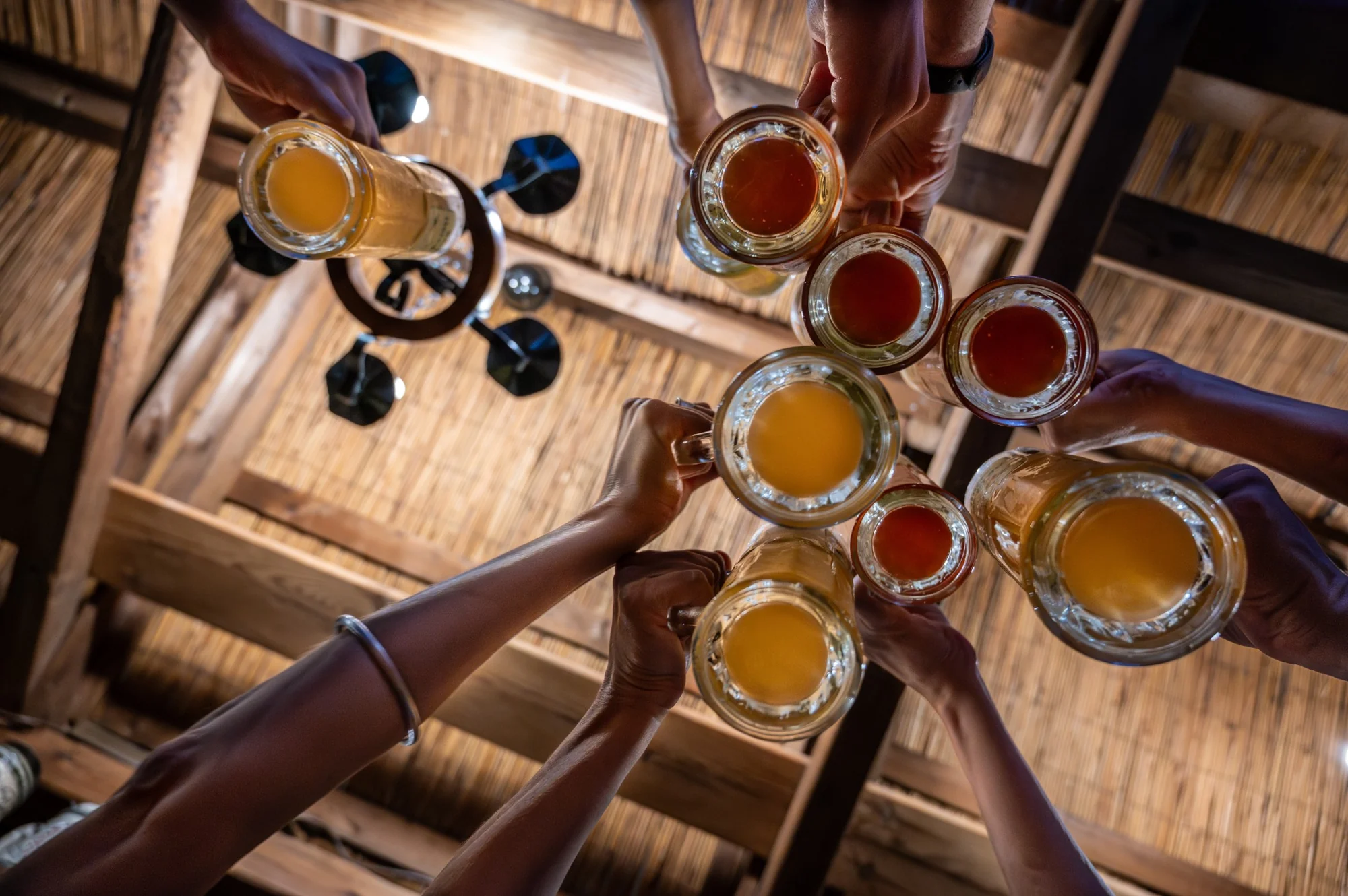 People raising their glasses together in a spontaneous moment, photographed by Massimo Parisi.